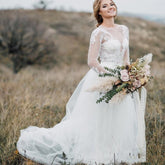 Modern Rustic Long Sleeve Lace Crop Top Wedding Dress Bridal Separates with Tulle Skirt 20082674-Dolly Gown